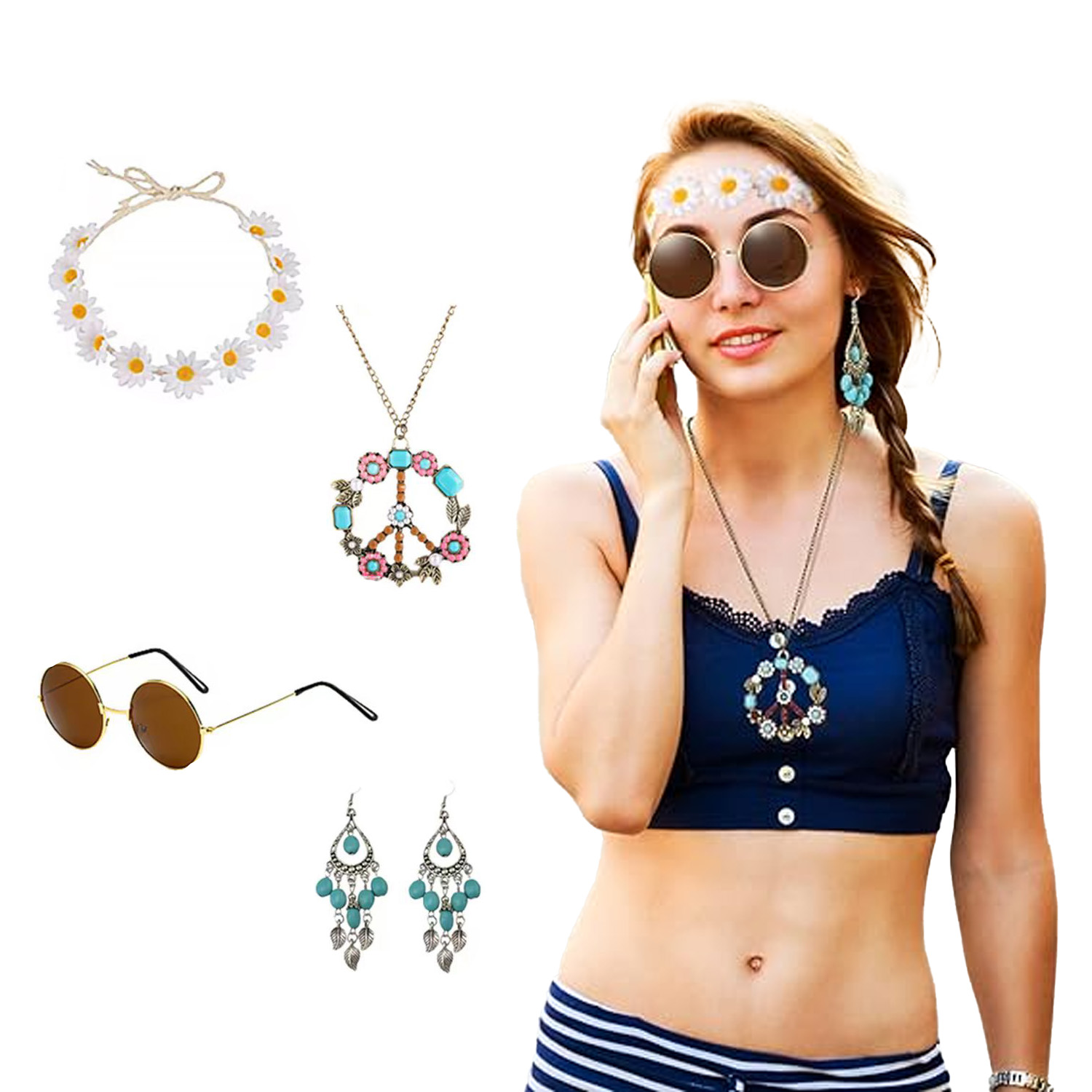 Women'S Accessories In The 60S - PESENAR Hippie Costume Accessories Include Sunglasses,